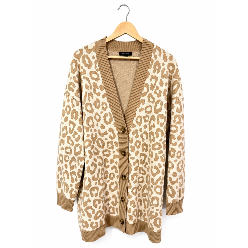 Ann Taylor 100% Cashmere Leopard Cardigan Sweater Tan XL Longline Button Up